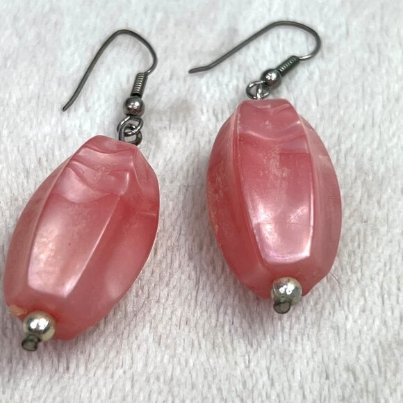 Pink Bead Dangle Earrings Chunky Faux Stone Silver Tone - Picture 4 of 4